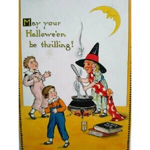 Halloween Postcard Tucks Fantasy Witch Cauldron Black Arts Over Moon 190 Unused